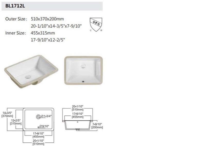 Lavamanos Bajo Mesón Hove Rectangular  Modelo Super White Blanco 51Cm X 37Cm X 20Cm
