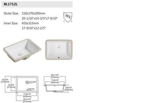 [BALMBM.0022] Lavamanos Bajo Mesón Hove Rectangular  Modelo Super White Blanco 51Cm X 37Cm X 20Cm